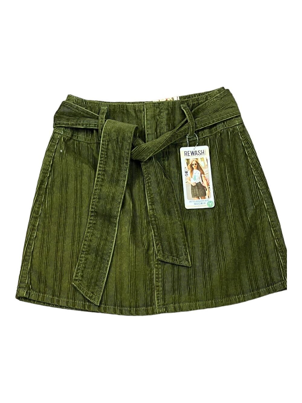 Rewash NWT Corduroy Mini Skirt Juniors 5/27 Green Tie Waist A Line Retro - Picture 1 of 5